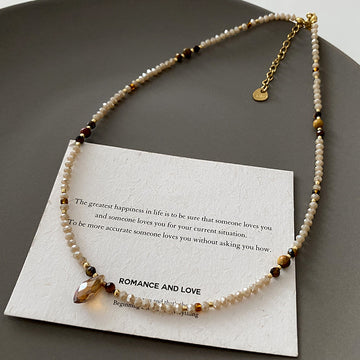 Tiger Eye stone beaded necklace Maillard Oval Premium sense sweater Chain Titanium steel vintage coffee color natural stone clavicle chain